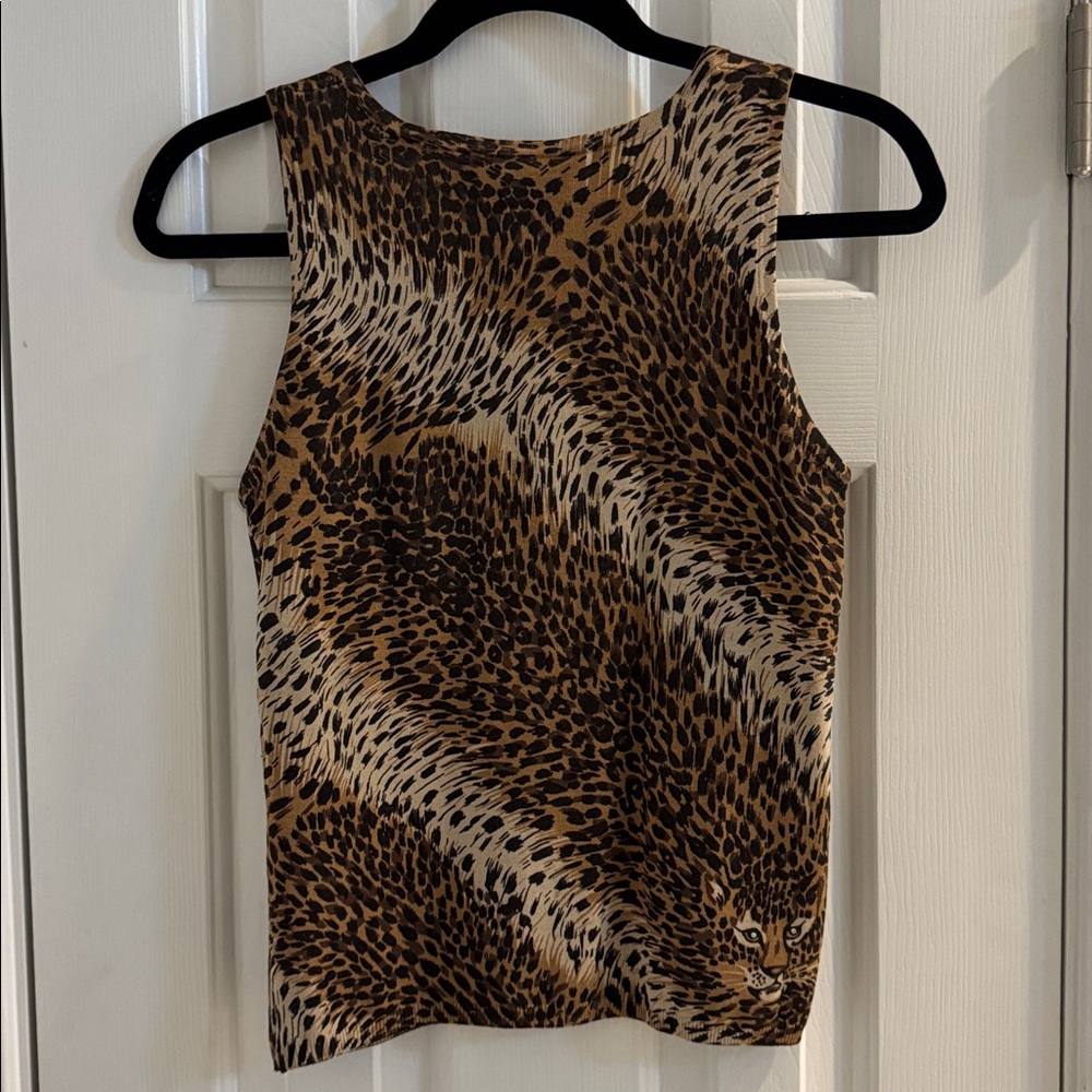 Caché Vintage Leopard Silk Blend Cardigan & Top w/ Leopard Face & Crystal Eyes - Picture 11 of 12
